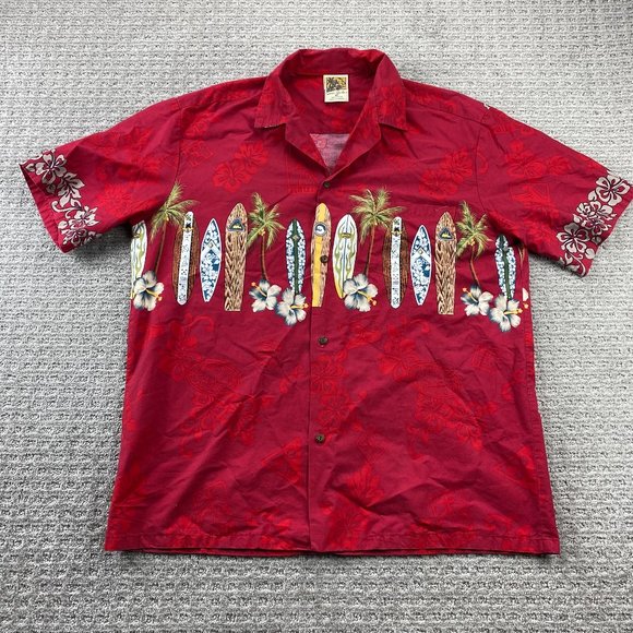 Vintage Winnie Fashion Hawaiian Shirt Men Extra Large XL Red Surf Boards Floral - Picture 1 of 12